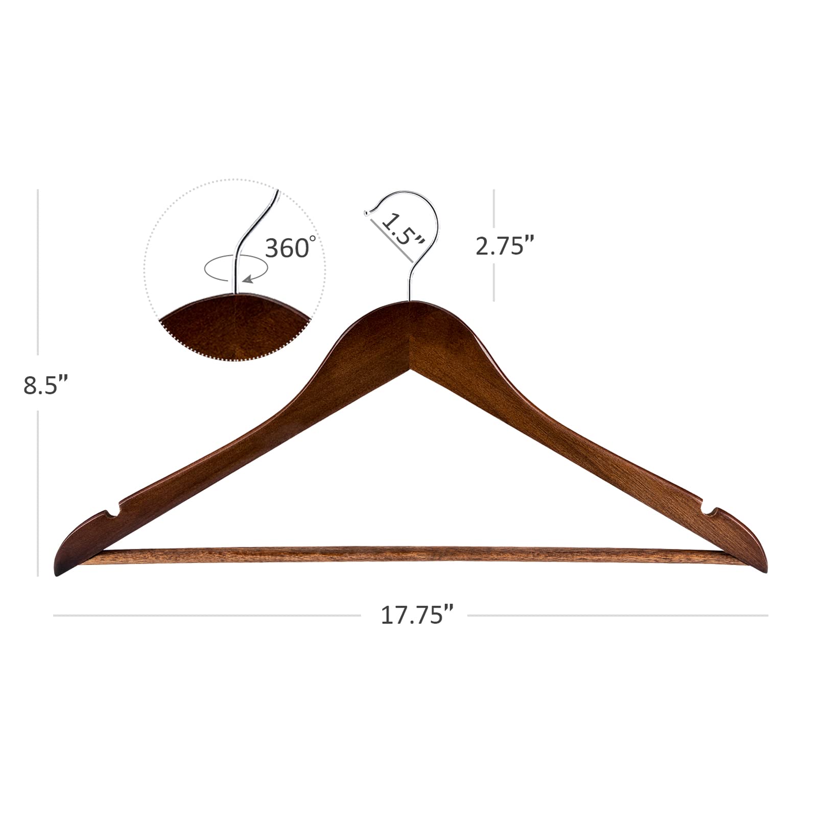 HOUSE DAY Wooden Hangers 10 Pack, Heavy Duty Walnut Coat Hangers for Closet, Smooth Finish Wooden Coat Hangers Suit Hangers with Non Slip Pants Bar, Sturdy Wood Clothes Hangers for Shirts, Walnut