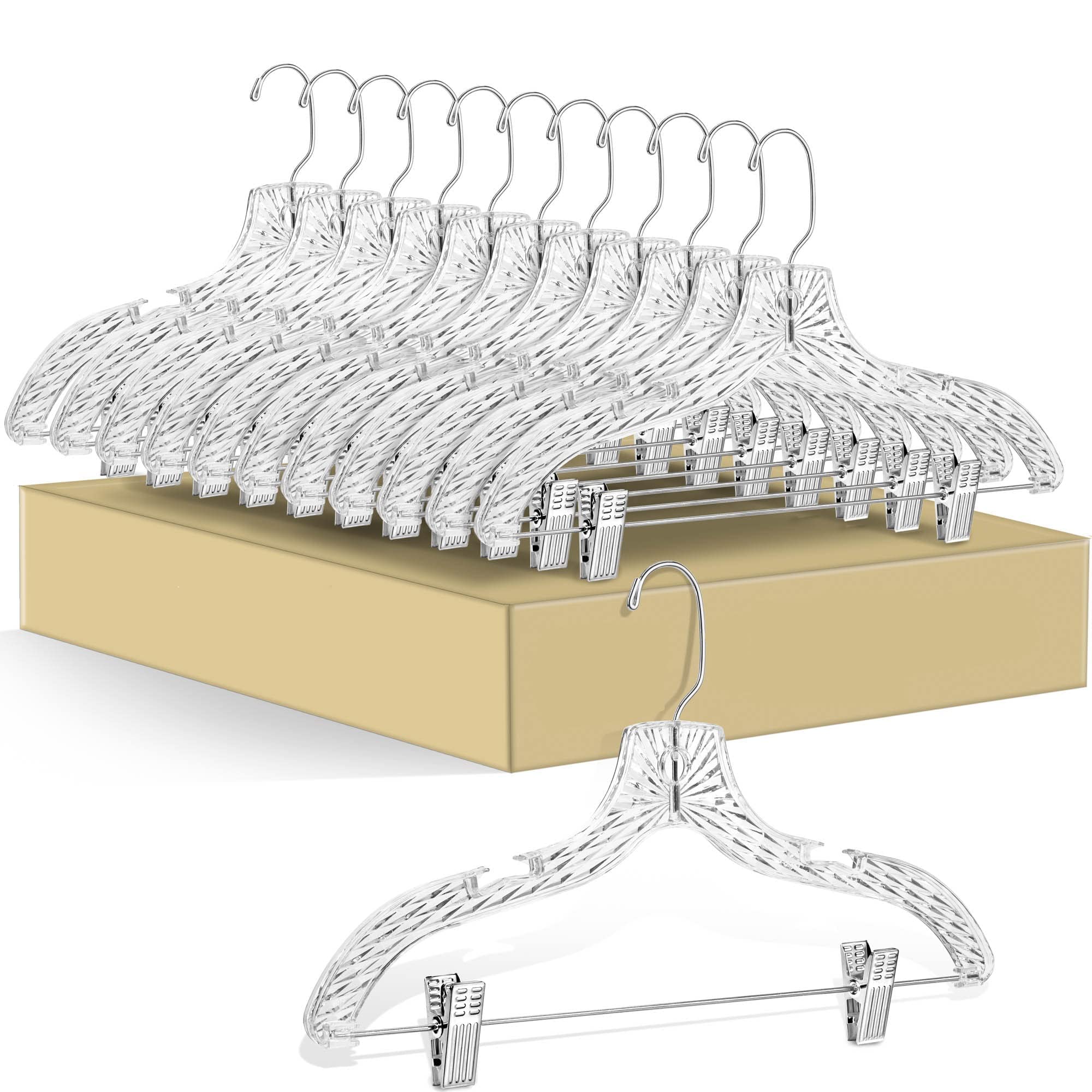 Quality Hangers 12 Pack Clear Plastic Skirt Hangers - Crystal Cut Pants Hangers - Durable Plastic Hanger Set - Dress Hangers with Adjustable Clips - Heavy Duty Hangers