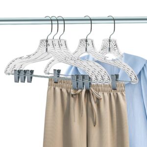 Quality Hangers 12 Pack Clear Plastic Skirt Hangers - Crystal Cut Pants Hangers - Durable Plastic Hanger Set - Dress Hangers with Adjustable Clips - Heavy Duty Hangers