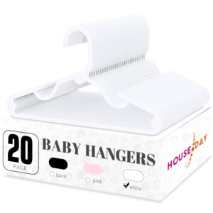 HOUSE DAY Plastic Baby Hangers for Closet 20 Pack, Durable Plastic Kids Hangers for Baby Clothes, Thin & Compact Childrens Hangers, Space Saving White Baby Hangers, Small Hangers for Kids Clothes