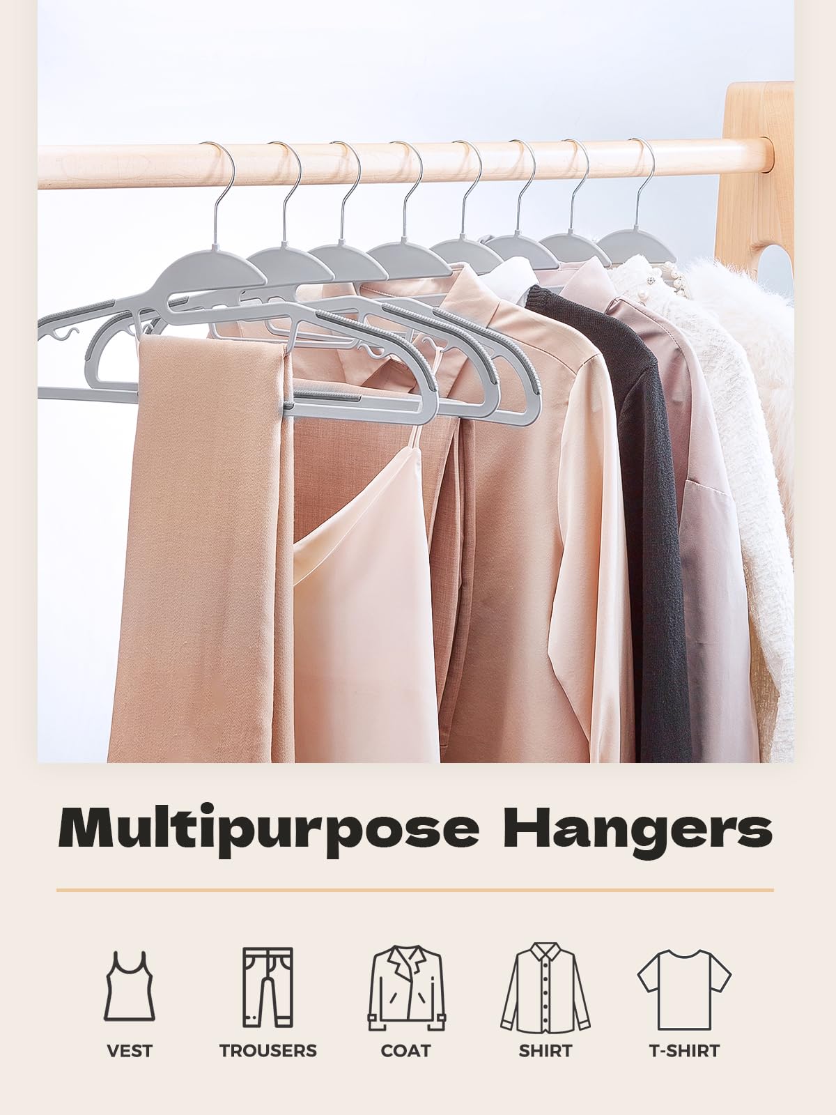 HOUSE DAY Grey Plastic Hangers 50 Pack, Slim Clothes Hangers Space Saving, Non Slip Hangers with Rubber Pads, Sturdy Coat Hangers for Closet, S-Shaped Hangers for Shirt, Suit, Pant, Skirt