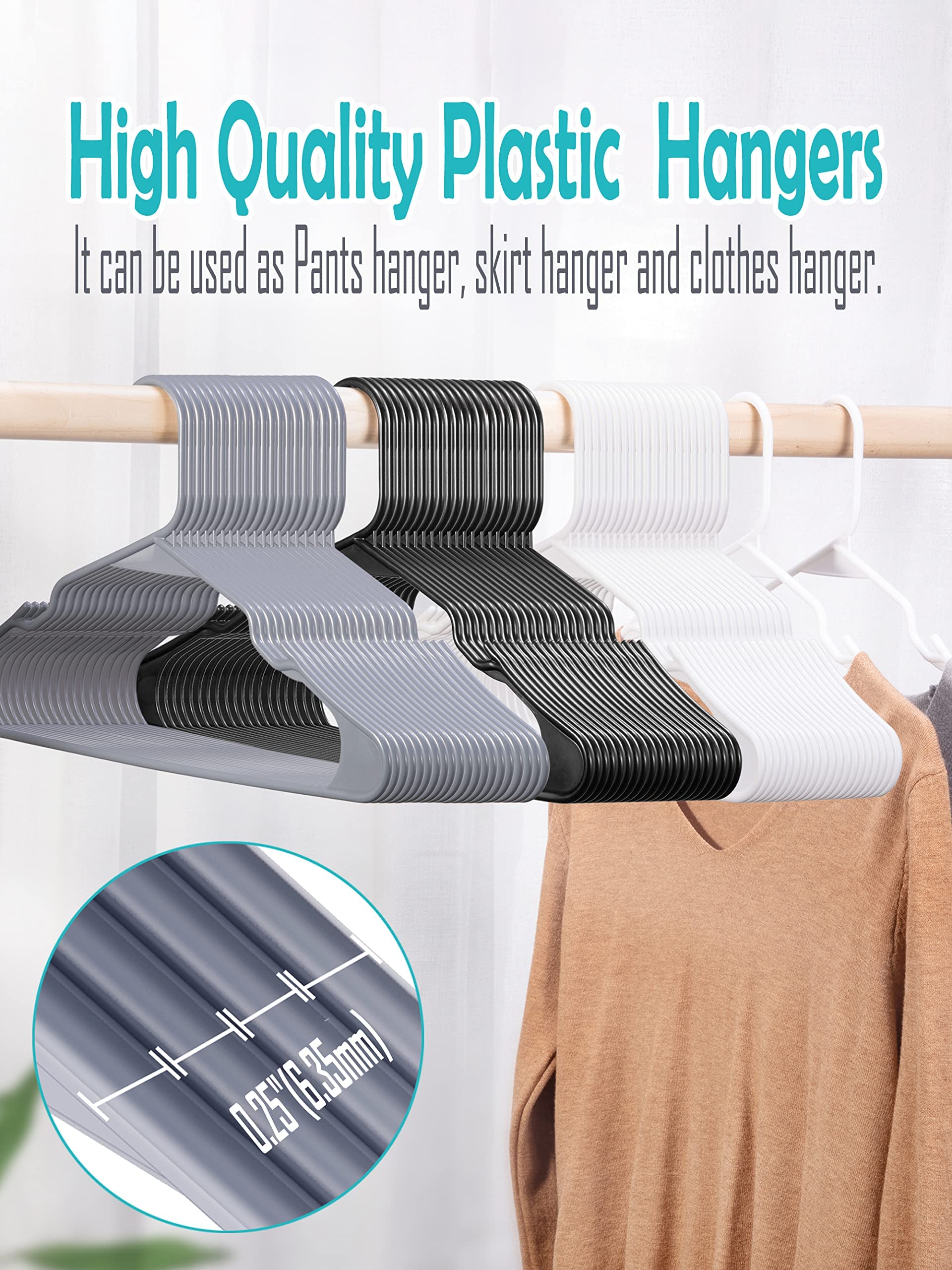 Smartor Plastic Hangers 60 Pack, Tubular Plastic Hangers, Space Saving Clothes Hangers Plastic, Slim Plastic Hanger Shirt Hangers for Clothes, Polo Shirts, Blouses and Short - White