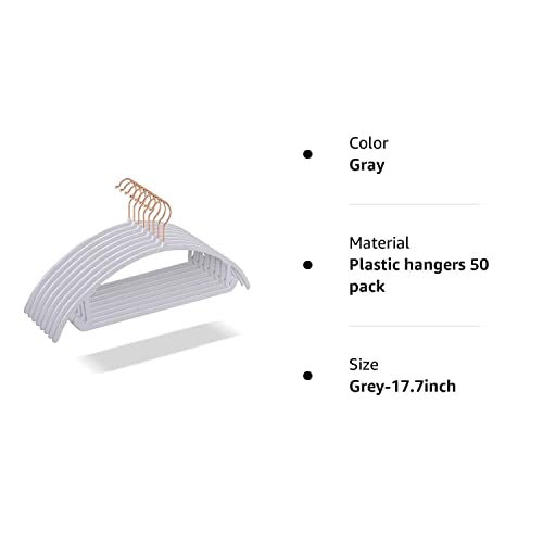 OIKA Hangers 50pack No Shoulder Bump Plastic Suit Hangers - Rose Gold Hooks,Non Slip Space Saving Clothes Hangers, Heavyduty,Rounded Hangers for Sweaters,Coat,Jackets,Pants,Shirts,Dresses Grey Hangers