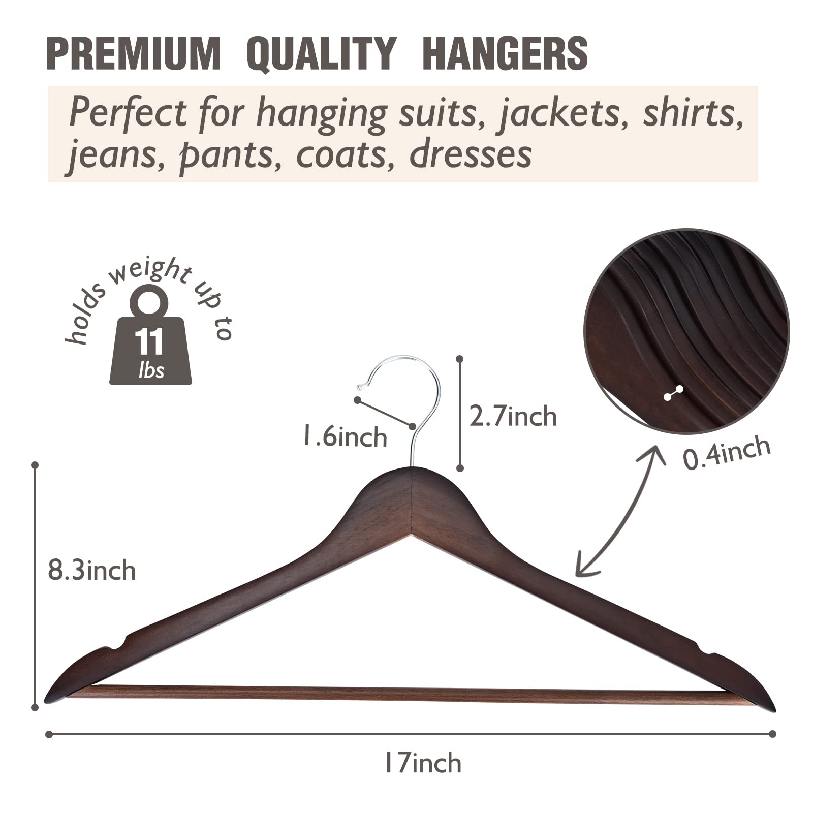 Edergoo Wooden Hangers 30 Pack, Slim Hangers Wood with Non Slip Pants Bar, Smooth Finish Wooden Suit Hangers, Walnut