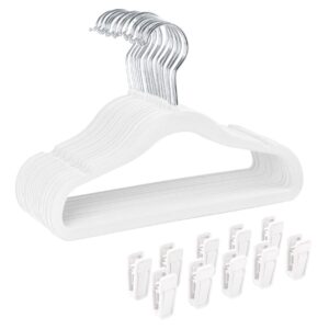 Finnhomy Non-Slip Clothes Hangers for Baby and Kids 30-Pack Velvet Hangers with 10 Finger Clips, White