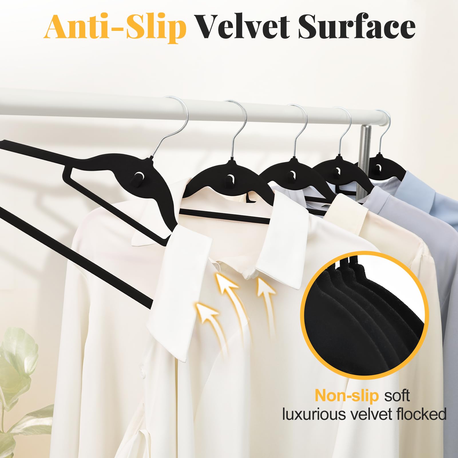 UEAKPIC Black Velvet Hangers 50 Pack, S-Shaped and Stackable Non Slip Felt Hanger with 360°Swivel Hook, Ultra Thin and Space Saving Flocked Hangers for Suits, Shirts, Coats, 15Lbs Capacity Heavy Duty