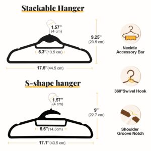 UEAKPIC Black Velvet Hangers 50 Pack, S-Shaped and Stackable Non Slip Felt Hanger with 360°Swivel Hook, Ultra Thin and Space Saving Flocked Hangers for Suits, Shirts, Coats, 15Lbs Capacity Heavy Duty