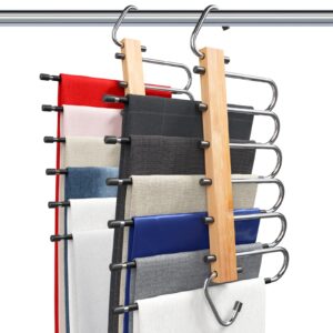 pants hangers,2 pack stainless steel 6 layers magic pants hanger rack trousers hanger space saving non-slip closet storage organizer