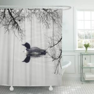 semtomn shower curtain water black and white loon lake cottage bird 72"x72" home decor waterproof bath bathroom curtain set with hooks