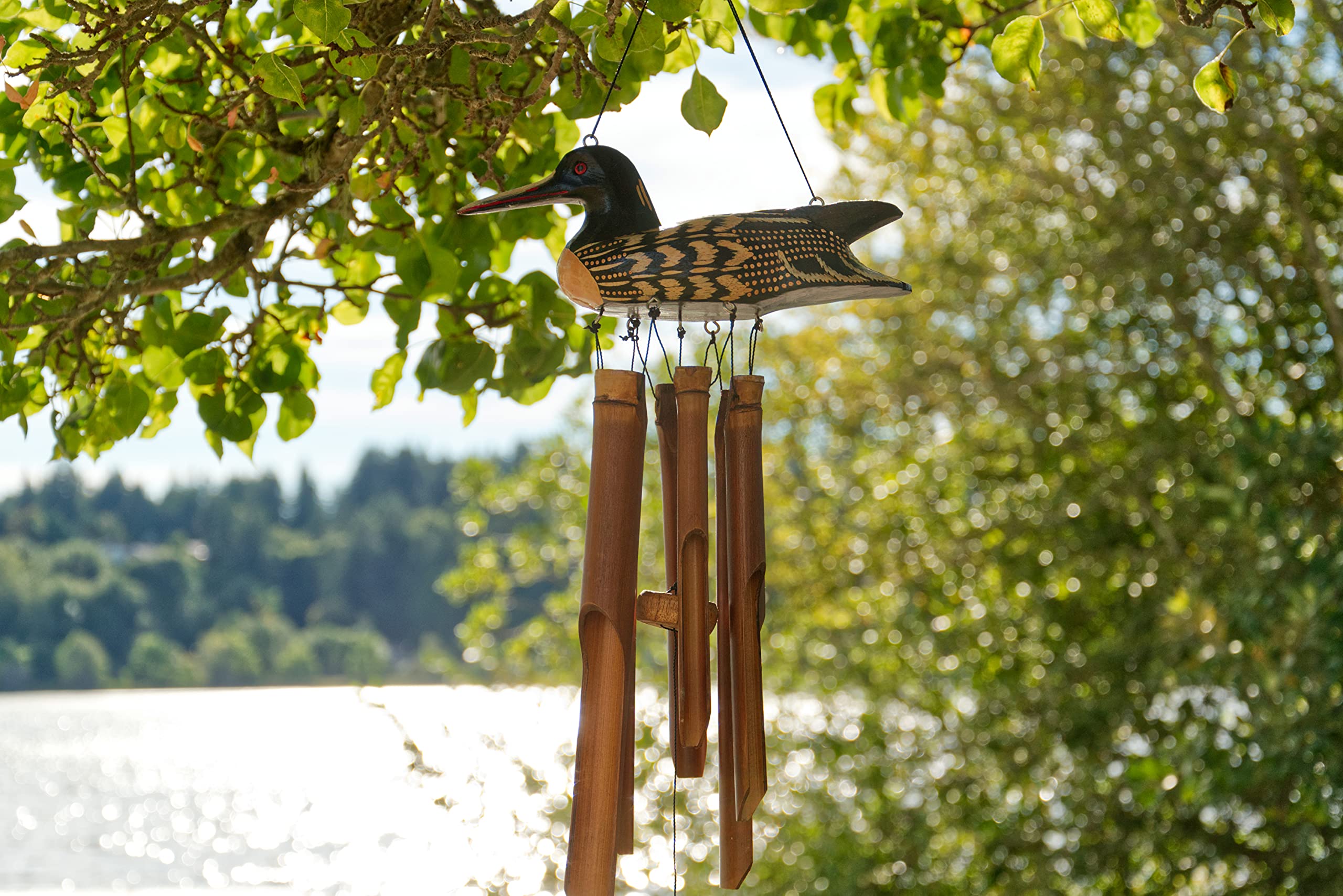 Cohasset Gift & Garden Bamboo Wind Chime for Outside - Hand-Painted Loon Bird - Unique Duck-Themed Wind Chime for Outside - Medium-Sized, Bamboo Wind Chimes Outdoors Unique