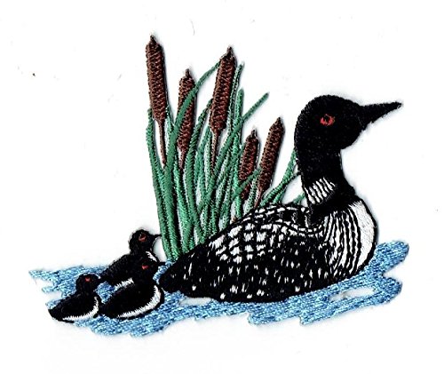 Divers Loon Bird with Chicks in Cattails Embroidered Iron on Patch