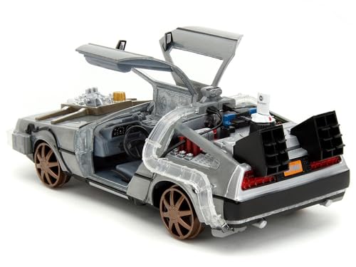 Delorean Brushed Metal Time Machine (Train Wheel Version) with Lights Back to The Future Part III (1990) Movie Hollywood Rides Series 1/24 Diecast Model Car by Jada 34996