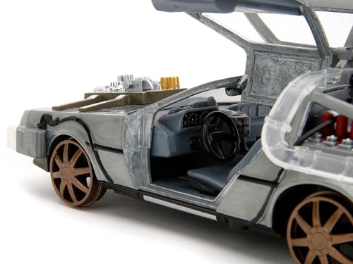 Delorean Brushed Metal Time Machine (Train Wheel Version) with Lights Back to The Future Part III (1990) Movie Hollywood Rides Series 1/24 Diecast Model Car by Jada 34996