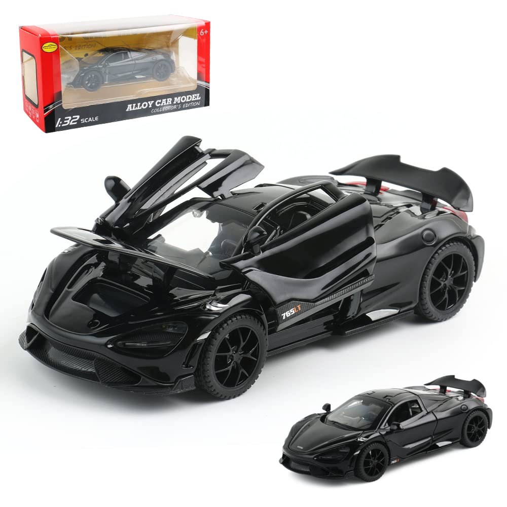 Diecast Toy Car McLaren 765LT Sports Car Model,Zinc Alloy Simulation Casting Pull Back Vehicles,1:32 Scale Mini Supercar Toys with Lights and Music for Toddlers Kids Children Gift (765LT-Black)