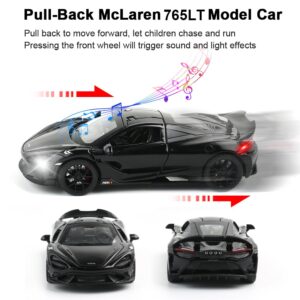 Diecast Toy Car McLaren 765LT Sports Car Model,Zinc Alloy Simulation Casting Pull Back Vehicles,1:32 Scale Mini Supercar Toys with Lights and Music for Toddlers Kids Children Gift (765LT-Black)