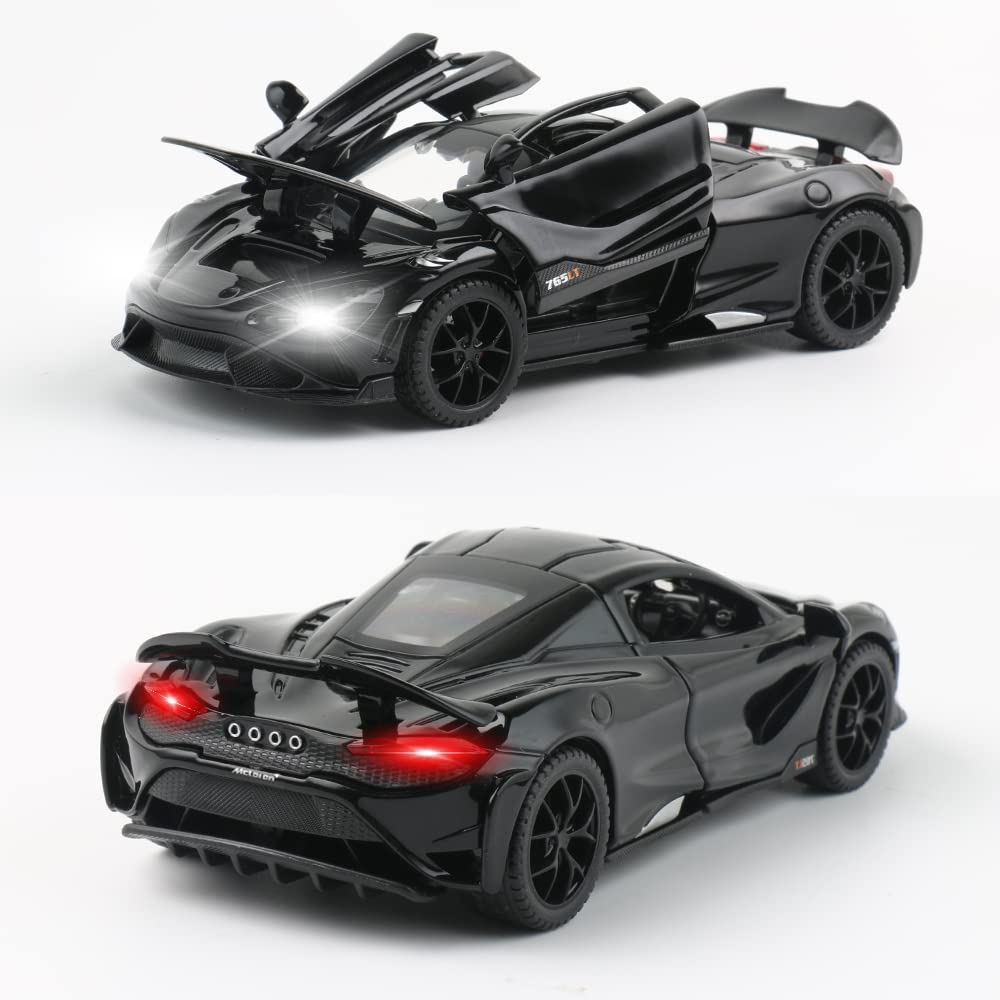 Diecast Toy Car McLaren 765LT Sports Car Model,Zinc Alloy Simulation Casting Pull Back Vehicles,1:32 Scale Mini Supercar Toys with Lights and Music for Toddlers Kids Children Gift (765LT-Black)