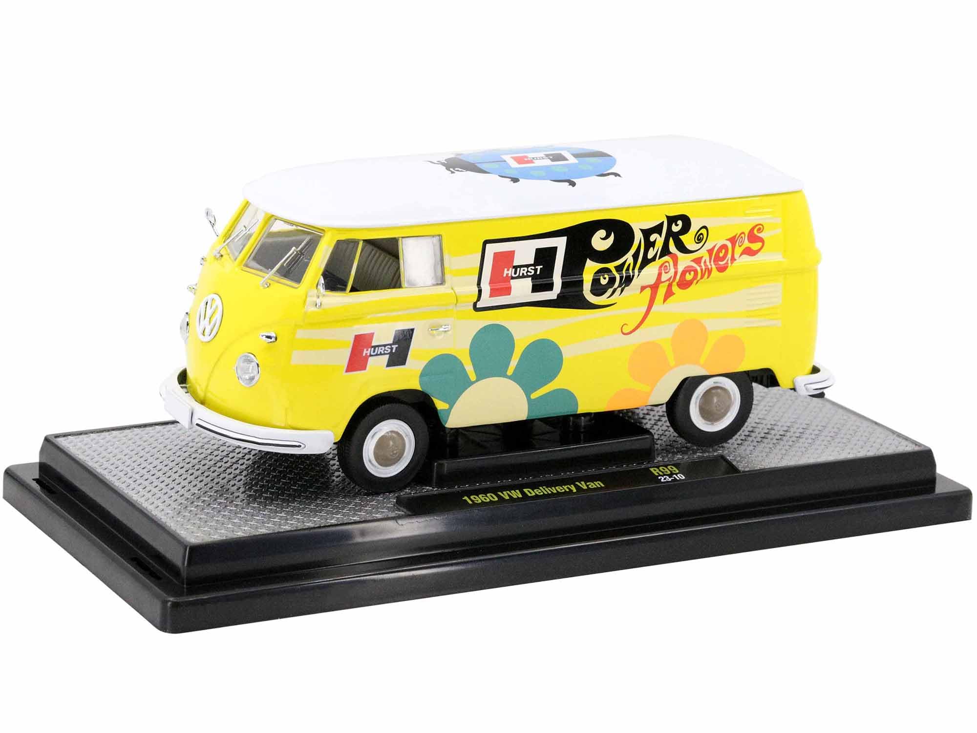 M2 1960 Delivery Van Yellow with Bright White Top and Flower Graphics Hurst Power Flowers Limited Edition to 6550 Pieces Worldwide 1/24 Diecast Model Car Machines 40300-99B