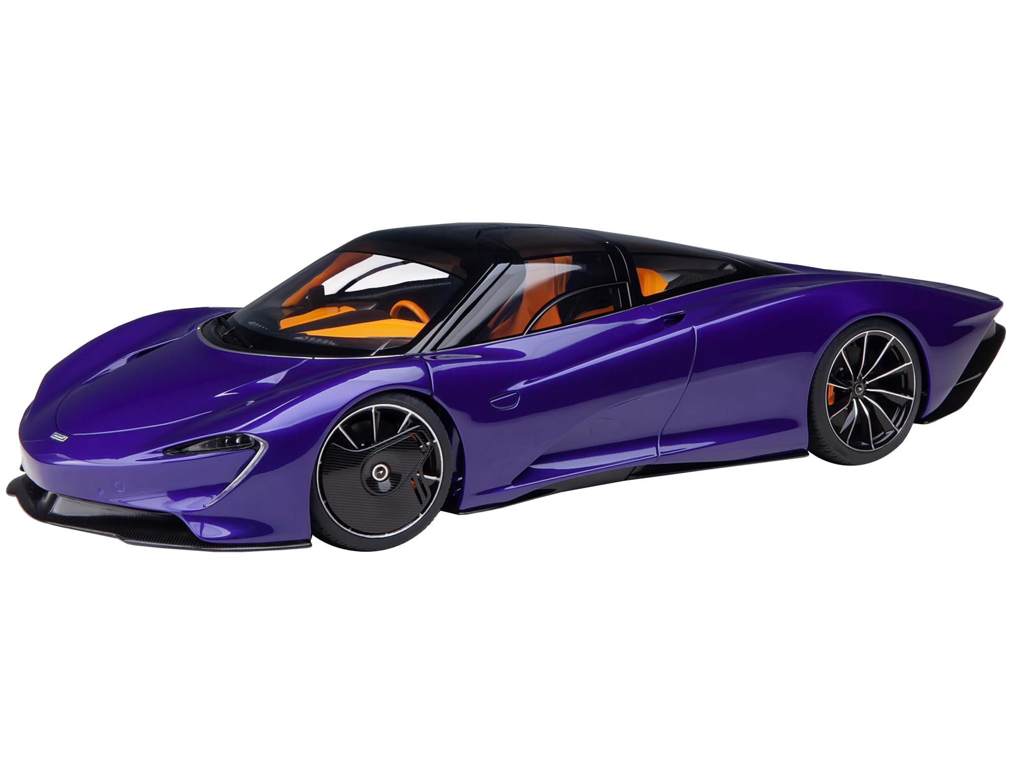 McLaren Speedtail Lantana Purple Metallic with Black Top and Yellow Interior and Suitcase Accessories 1/18 Model Car by Autoart 76089