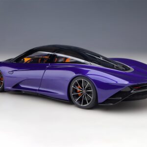 McLaren Speedtail Lantana Purple Metallic with Black Top and Yellow Interior and Suitcase Accessories 1/18 Model Car by Autoart 76089