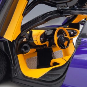 McLaren Speedtail Lantana Purple Metallic with Black Top and Yellow Interior and Suitcase Accessories 1/18 Model Car by Autoart 76089