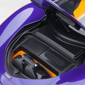 McLaren Speedtail Lantana Purple Metallic with Black Top and Yellow Interior and Suitcase Accessories 1/18 Model Car by Autoart 76089