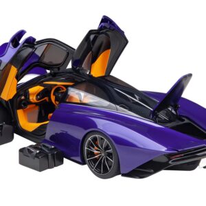 McLaren Speedtail Lantana Purple Metallic with Black Top and Yellow Interior and Suitcase Accessories 1/18 Model Car by Autoart 76089