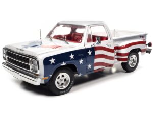 1980 d150 adventurer pickup truck white with american flag graphics and red interior 1/18 diecast model car by auto world aw310