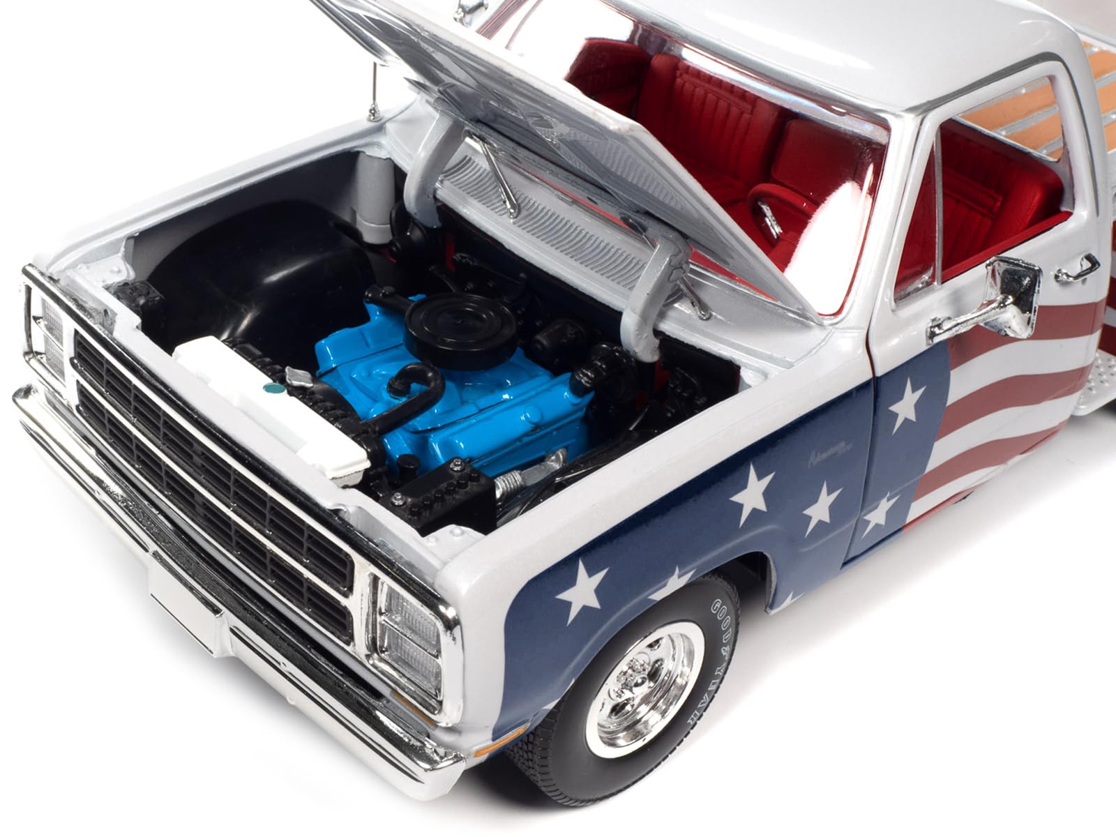 1980 D150 Adventurer Pickup Truck White with American Flag Graphics and Red Interior 1/18 Diecast Model Car by Auto World AW310