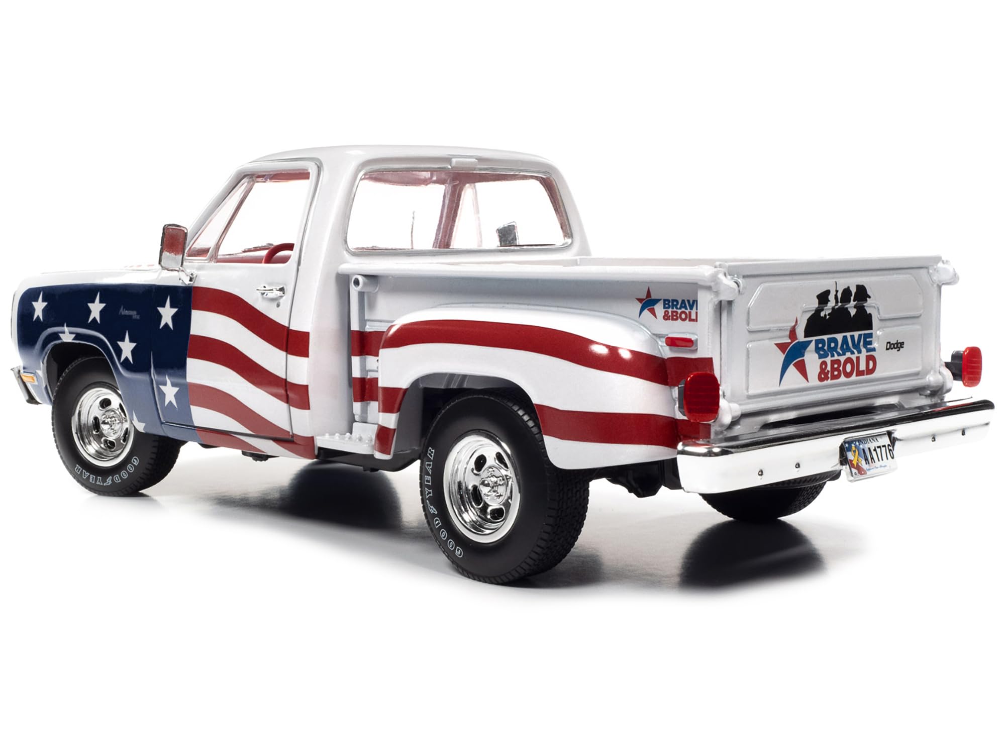 1980 D150 Adventurer Pickup Truck White with American Flag Graphics and Red Interior 1/18 Diecast Model Car by Auto World AW310