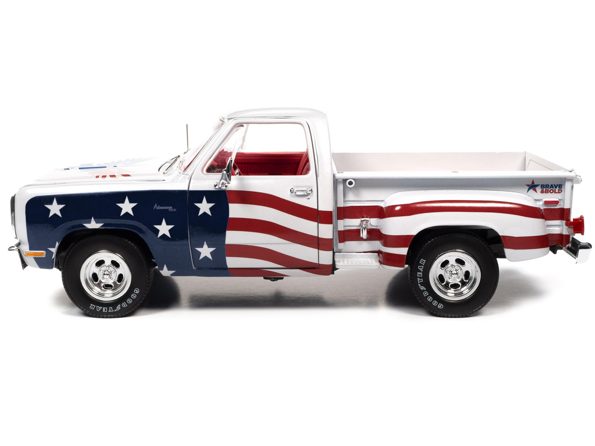 1980 D150 Adventurer Pickup Truck White with American Flag Graphics and Red Interior 1/18 Diecast Model Car by Auto World AW310