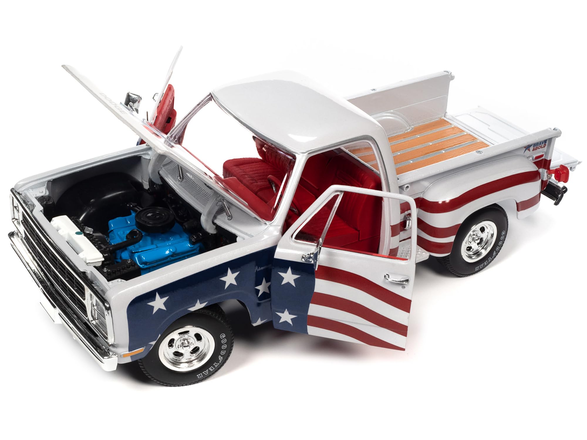 1980 D150 Adventurer Pickup Truck White with American Flag Graphics and Red Interior 1/18 Diecast Model Car by Auto World AW310