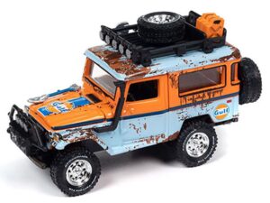 1980 land cruiser light blue and orange (rusted version) with roof rack limited edition to 2496 pieces worldwide 1/64 diecast model car by johnny lightning jlcp7445