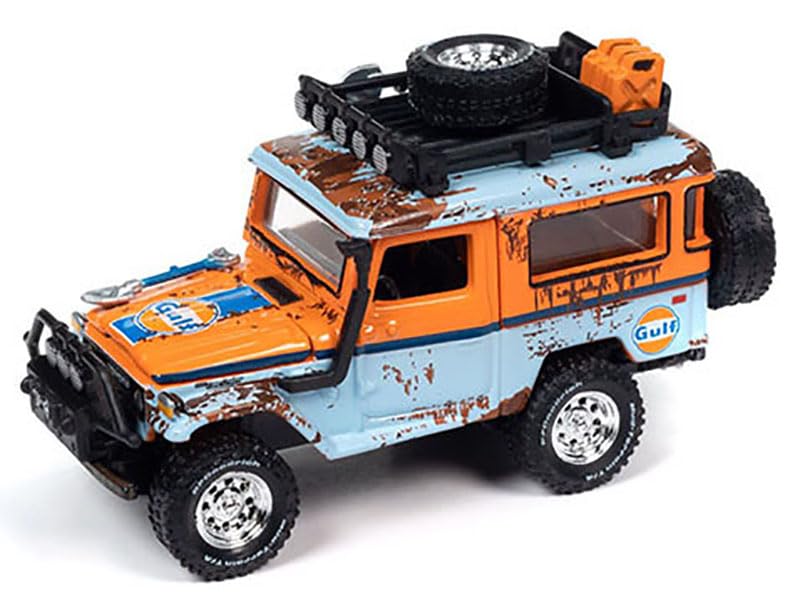 1980 Land Cruiser Light Blue and Orange (Rusted Version) with Roof Rack Limited Edition to 2496 Pieces Worldwide 1/64 Diecast Model Car by Johnny Lightning JLCP7445