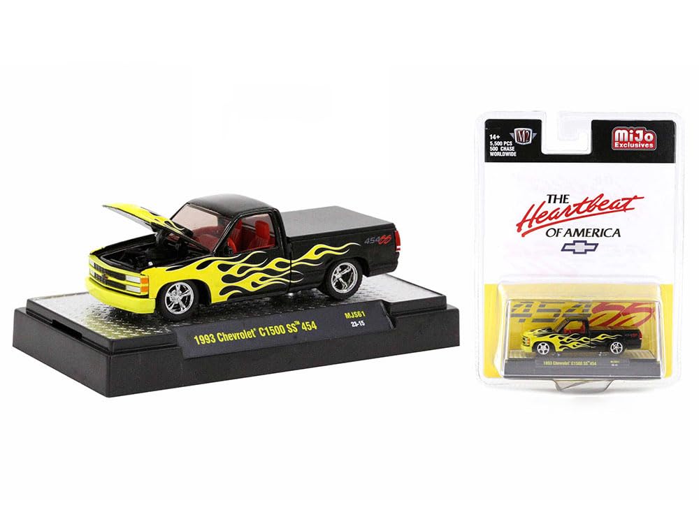 M2 1993 Chevy C1500 SS 454 Pickup Truck Black with Yellow Flames and Red Interior The Heartbeat of America Limited Edition to 5500 Pieces Worldwide 1/64 Diecast Model Car Machines 31500-MJS61