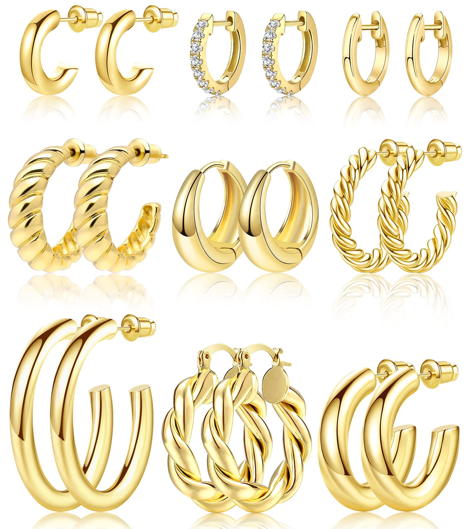 Adoyi Gold Hoop Earrings Set for Women Girls Gold Hoops Twisted Huggie Hoops Earrings 14K Plated Gold Jewelry Set for Women Girl Gift Lightweight 9 Pairs Ear Cuffs Gold Jewelry for Women