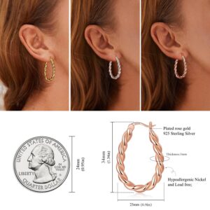 Rose Gold Plated Chucky Hoop Earrings for Women 925 Sterling Silver Post Oval Twist Earrings Hypoallergenic Lightweight Hoop Earrings Jewelry Gifts