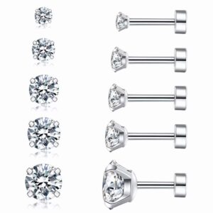 cubic zirconia hypoallergenic women's earrings men's earrings women's earrings cartilage fashion surgical steel screw earrings 5 pairs