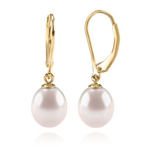 pavoi 14k yellow gold plated freshwater cultured pearl earrings leverback dangle studs - handpicked aaa quality 6mm