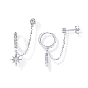 PAVOI Rhodium Plated White Gold Star Dangle Huggie Hoop Chain Cubic Zirconia Earrings for Women