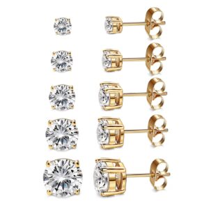 Kainier Women's 5 Pairs 14K Gold Plated CZ Stud Earrings Simulated Diamond Round Cubic Zirconia Hypoallergenic Ear Stud Set（5 Pairs)