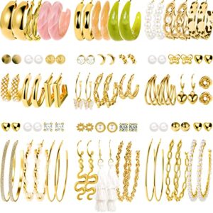 45 pairs gold hoop earrings for women, chunky twisted small big hoops earring packs set, earrings for women multipack, fashion trendy earrings jewelry for birthday party christmas gift