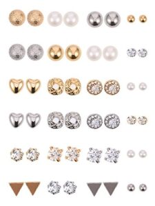 24 pairs stud earrings crystal pearl earring set ear stud jewelry for women men, silver and gold