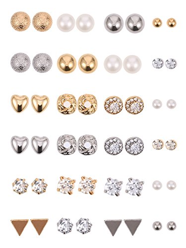 24 Pairs Stud Earrings Crystal Pearl Earring Set Ear Stud Jewelry for Women Men, Silver and Gold