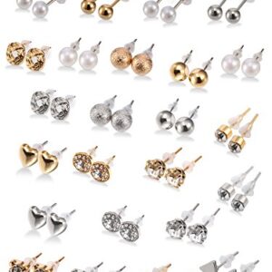 24 Pairs Stud Earrings Crystal Pearl Earring Set Ear Stud Jewelry for Women Men, Silver and Gold