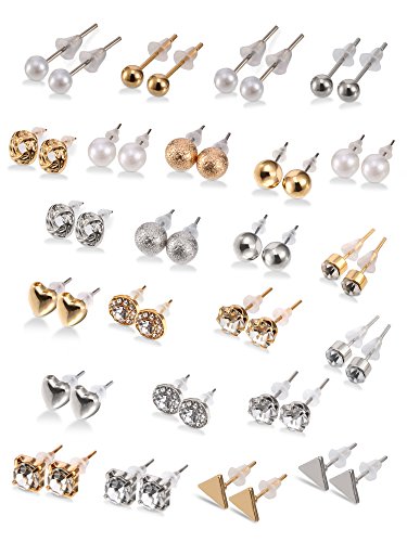 24 Pairs Stud Earrings Crystal Pearl Earring Set Ear Stud Jewelry for Women Men, Silver and Gold