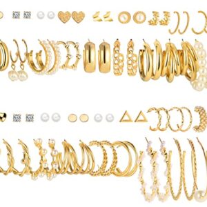 36 Pairs Gold Earrings Set for Women, Fashion Pearl Chain Link Stud Drop Dangle Earrings Multipack Hoop Earring Packs, Hypoallergenic Earrings for Birthday Party Jewelry