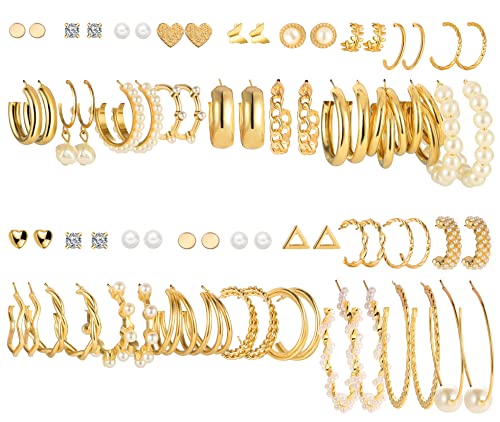 36 Pairs Gold Earrings Set for Women, Fashion Pearl Chain Link Stud Drop Dangle Earrings Multipack Hoop Earring Packs, Hypoallergenic Earrings for Birthday Party Jewelry