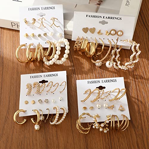 36 Pairs Gold Earrings Set for Women, Fashion Pearl Chain Link Stud Drop Dangle Earrings Multipack Hoop Earring Packs, Hypoallergenic Earrings for Birthday Party Jewelry