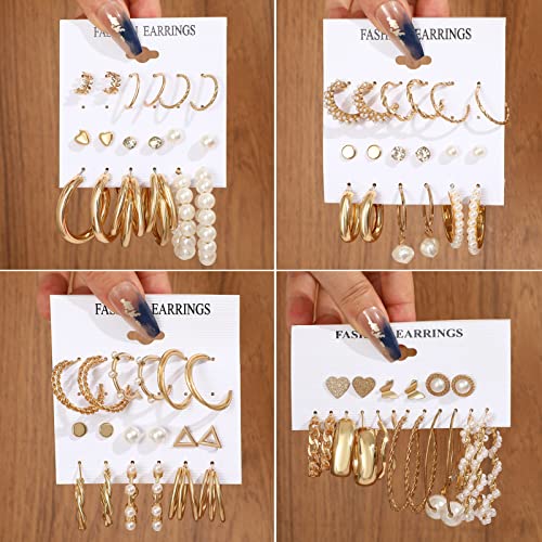 36 Pairs Gold Earrings Set for Women, Fashion Pearl Chain Link Stud Drop Dangle Earrings Multipack Hoop Earring Packs, Hypoallergenic Earrings for Birthday Party Jewelry