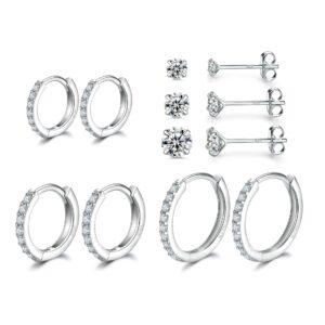 Sterling Silver Hoop Earrings | Sterling Silver Stud Earrings for Women - 6 Pairs Hypoallergenic Tiny Cubic Zirconia Stud Earrings Set & Cartilage Earring Hoops